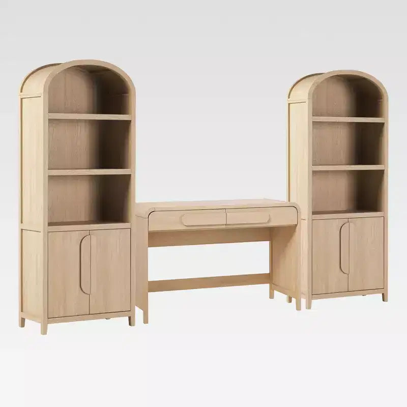 Escritorio moderno de 3 piezas con 2 gabinetes de librería arqueados - MDF, herrajes antivuelco